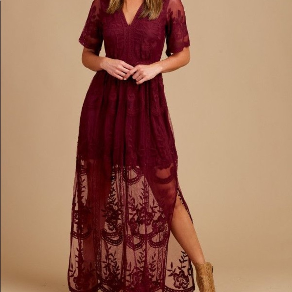 Altar’d State Marionette Wine Red Lace Maxi Dress